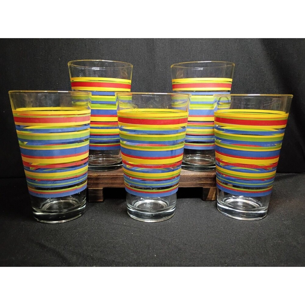 Vintage Libbey Mambo Fiesta Rainbow Stripe 16oz Tumblers Set of 5 Retro